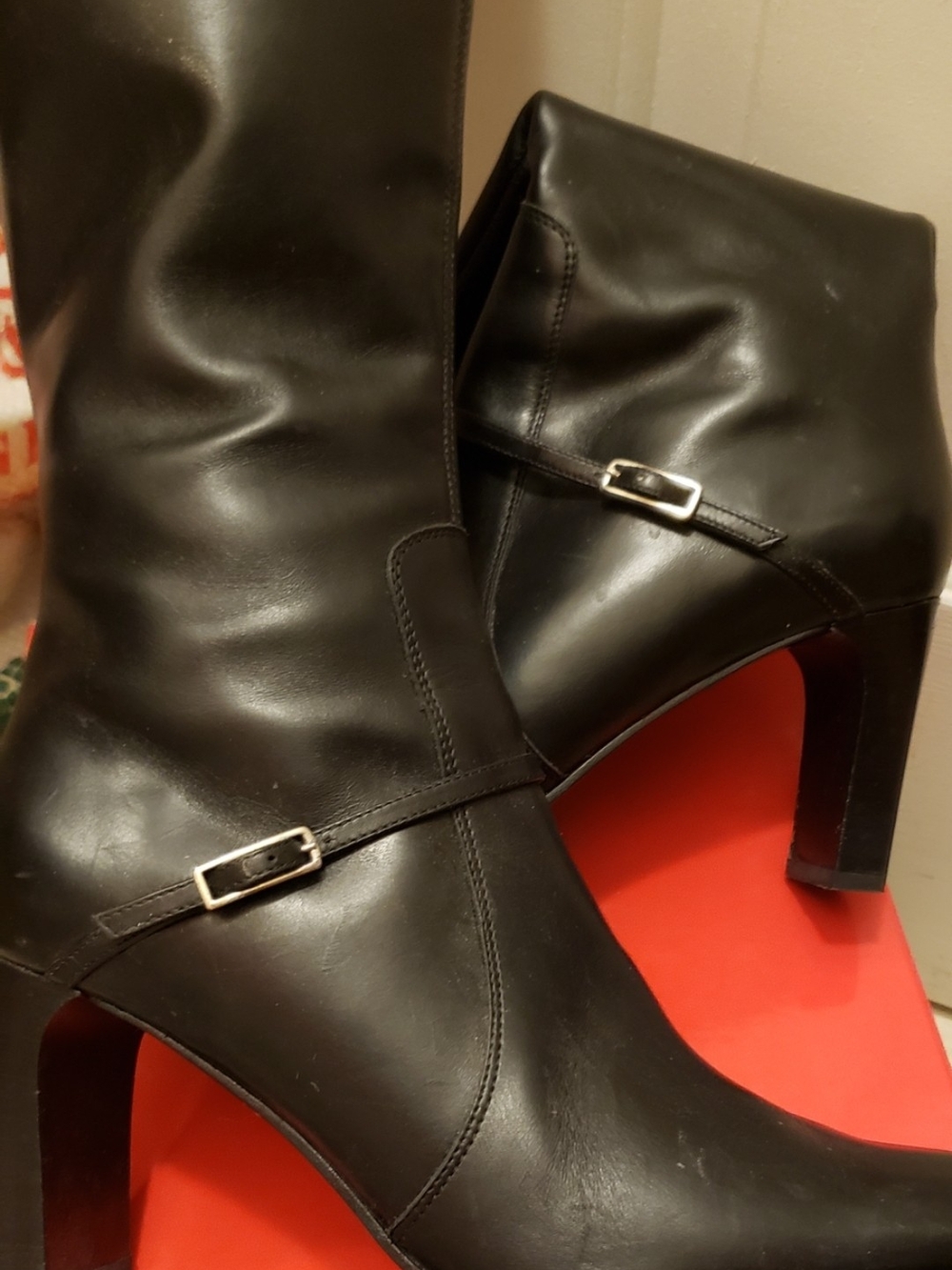 Women's Italian Black Leather Mid-Heel Knee High Dress Boots